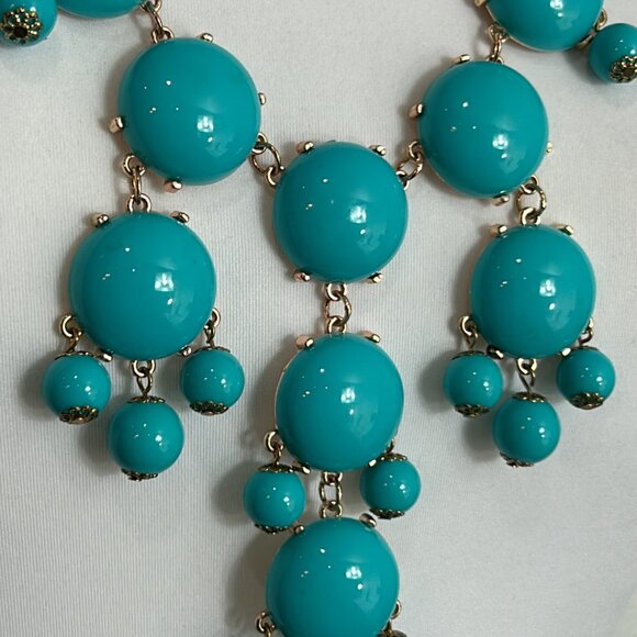 Faux Turquoise Bubble Plastic Beaded Bib Necklace Gold Tone Drop Statement - Picture 2 of 10